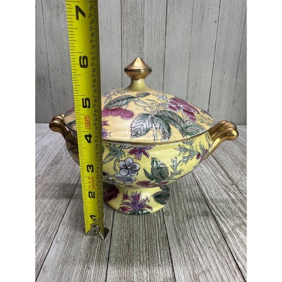 Vtg Chinese Gilding Lidded Trinket Dish 6" Red Stamp Floral Plum Gold Handles - Picture 8 of 11